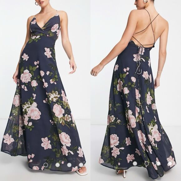 ASOS DESIGN Floral Cami Wrap Maxi Dress Strappy Back NWT Size 10 Navy Flowy - Picture 2 of 9